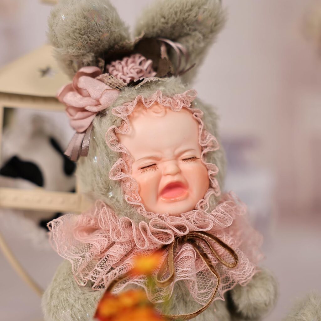8 Inch Rabbit Hand-Painted Porcelain Face Doll with Plush ＆ Acrylic Cotton Body, Mini Kawaii High-Color Makeup Ceramic Doll for Room Decor, Birthday Gifts, Collectible，Name Jade