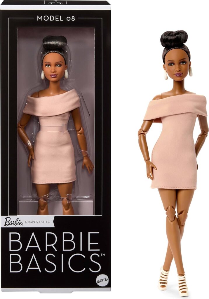 Barbie Basics Model Collector Fashion Doll 08 with Brunette Hair in Tan Dress & Strappy Heels, Universal-fit Fashions & Posable Body | Tan Dress, Strappy Heels, Universal-fit Fashions, Posable Body