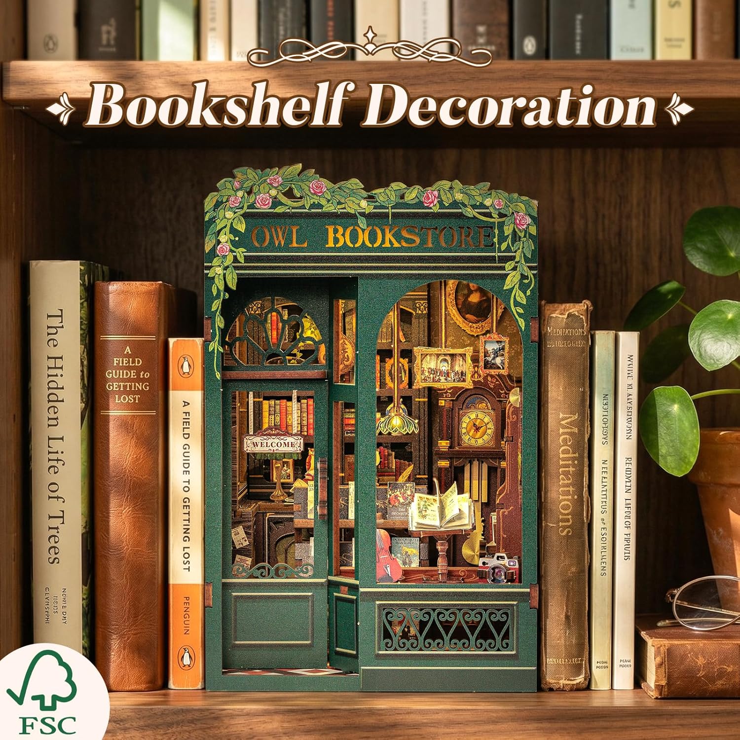 CUTEBEE Book Nook Kit – DIY Miniature House Kit for Adults, Teens and Beginners, Dollhouse Booknook Library Tiny House Bookshelf Decor 3D Wooden Puzzle, Gifts for Family, Friends (Owl Bookstore)